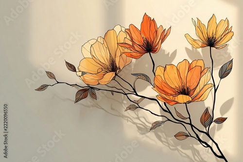 Floral Design Casting Delicate Shadows on a Sunlit Wall Generative AI