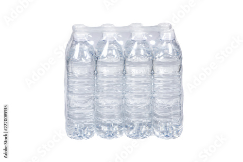 Clear plastic bottled drinking water six-pack, wrapped in transparent film, standing upright on a clean white background