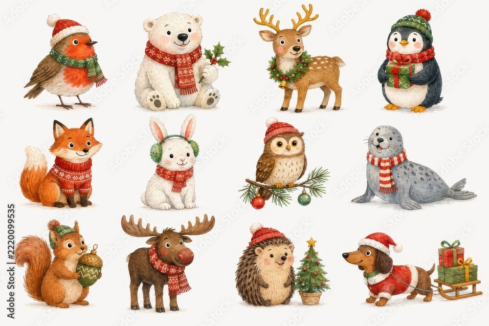Fototapeta premium Watercolor Christmas woodland animals collection with festive decorations