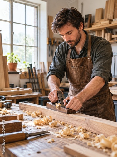 Carpenter smoothing a timber board with a hand plane in natural daylight