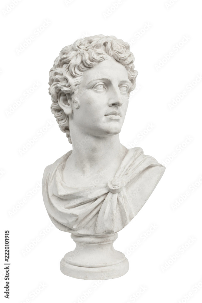 Fototapeta premium White plaster bust of a young man with curly hair and draped toga, looking right, isolated on a clean white background