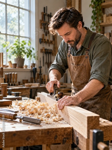 Carpenter planing a pale timber board beside a workshop window in morning light