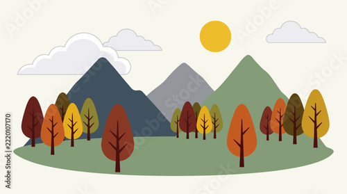 Autumn landscape with mountains trees and falling leaves flat vector illustration.