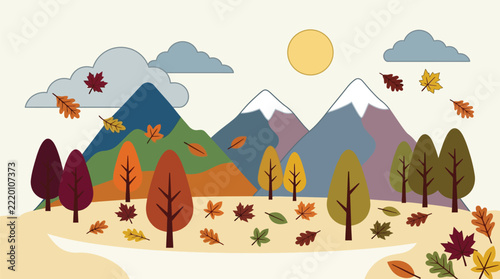 Autumn landscape with mountains trees and falling leaves flat vector illustration.