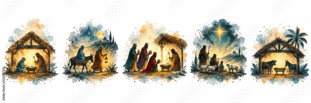 Fototapeta premium Watercolor nativity scenes depicting the biblical Christmas story