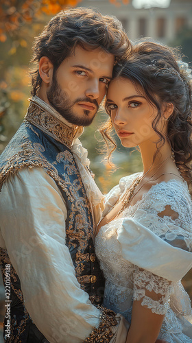 A young bearded man in an ornate blue-and-gold brocade vest embraces a woman in a white lace dress in a warm autumn garden, their intimate portrait glowing in golden light.