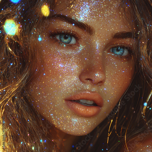 Extreme close-up of a young adult fair-skinned woman with blue-green eyes, freckles, and shimmering gold, silver, and blue glitter creating a dreamy celestial look.