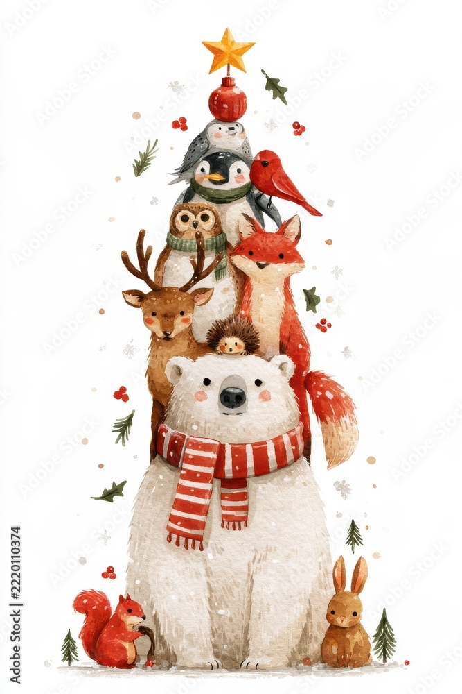 Fototapeta premium Watercolor Christmas animal tower with polar bear and woodland friends