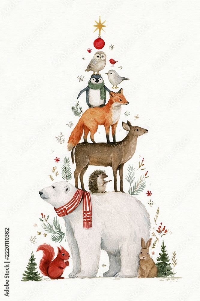 Fototapeta premium Whimsical woodland animals stacked beneath a Christmas star