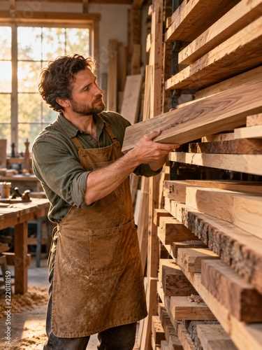 Carpenter selecting a hardwood board from lumber racks in a warm workshop