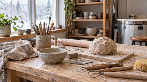 Clay and pottery tools arranged on a wooden workbench beside a winter window