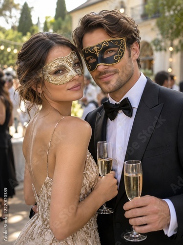 Elegant masked couple holding champagne glasses at an outdoor celebration