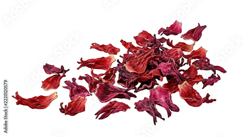 Dried red hibiscus flower petals scattered on a surface isolated on transparent background