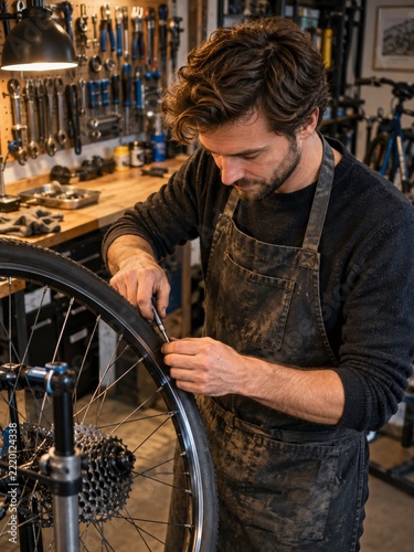 Bicycle repair specialist adjusting a wheel beneath a warm workshop lamp