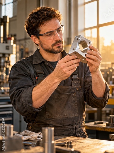 Fabrication worker inspecting a machined metal housing in golden afternoon light