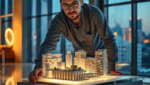Smart City Architect Reviewing Holographic 3D Plans