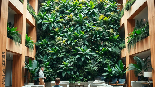 Biophilic Office Lounge with Plant Wall and Remote Workers