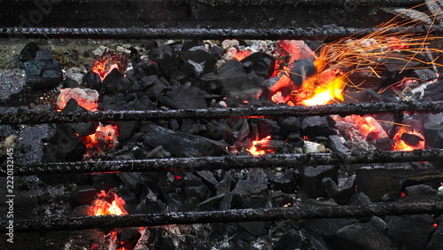Glowing Charcoal Embers with Sparks and Burning Fire Texture