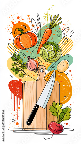   line-art illustration featuring a kitchen board, a knife, fresh various autumn vegetables, accented  colorful splashes.