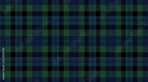 Seamless repeating fabric texture of a classic dark green and navy blue Scottish tartan plaid pattern