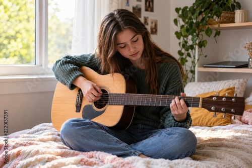 Teenage girl playing acoustic guitar by window with tablet set aside