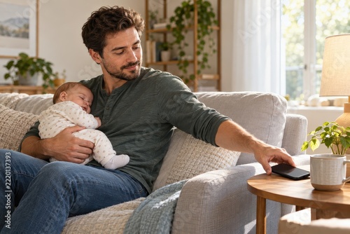 Father holding sleeping baby on sofa while placing phone face down
