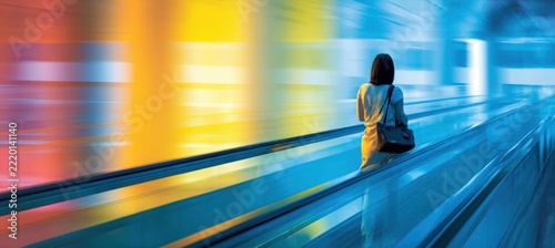 Woman walking on moving walkway in modern airport with vibrant colored background and diagonal lines