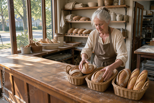 Elderly Woman Baker Arranging Freshly Baked Bread in Wicker Baskets on Wooden Counter at Sunlit Artisan Bakery, Traditional Baking and Small Business with Copy Space