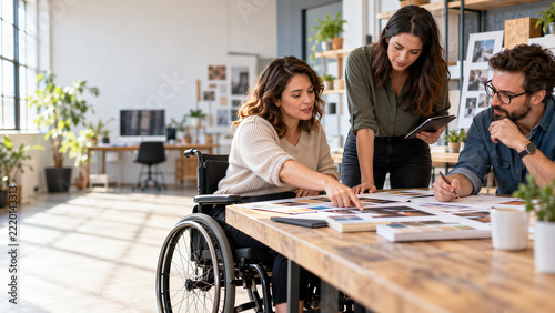 Three Colleagues Collaborating on Design Project in Modern Office, Woman in Wheelchair Participating in Inclusive Teamwork and Creative Discussion with Copy Space