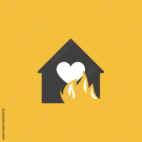 The house is on fire. The silhouette of a house is licked by tongues of flame. A symbol of a happy family and an approaching catastrophe.