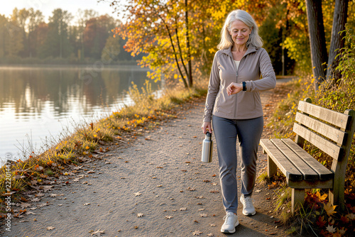 Smiling Elderly Woman Walking Beside Autumn Lake, Checking Smartwatch and Holding Reusable Water Bottle, Enjoying Active Aging, Outdoor Fitness and Healthy Lifestyle, Copy Space