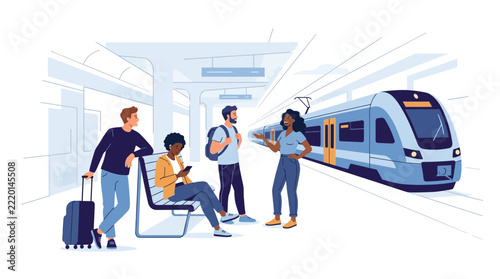 People waiting for train on platform, travel illustration