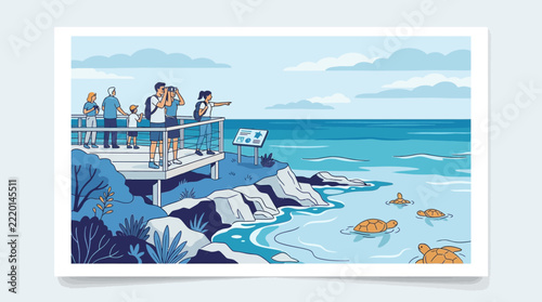 People observe turtles swimming in the ocean from a viewpoint.