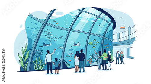 People viewing marine life in a modern aquarium, illustration