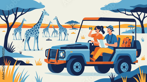 Safari Adventure: Couple in Jeep Observing Giraffes in African Savannah