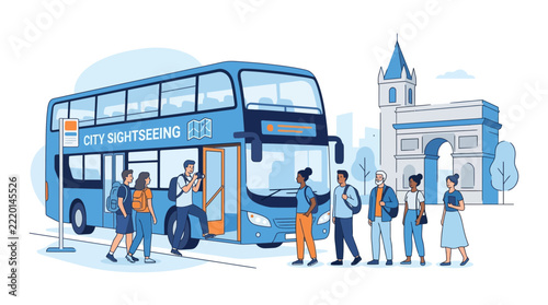 Tourists Boarding Blue Double Decker City Sightseeing Bus