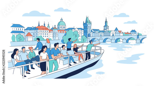 Tourists on boat trip with city skyline and bridge