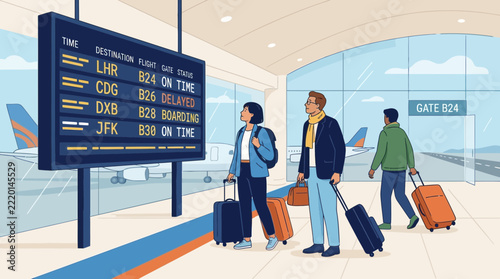 Travelers checking flight status on airport departure board with luggage