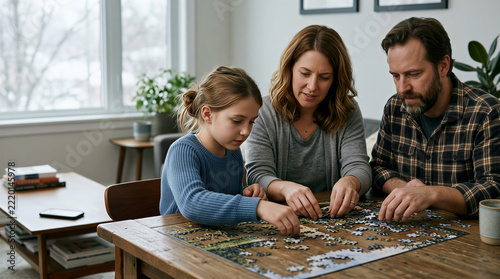 Family of Three Assembling Jigsaw Puzzle Together at Wooden Table in Bright Cozy Living Room, Enjoying Quality Family Time, Teamwork, Parent-Child Bonding and Screen-Free Entertainment, Copy Space.