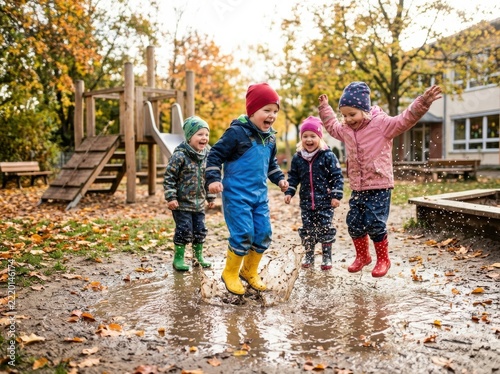 Autumn Playground Joy as Children Splash in a Muddy Puddle