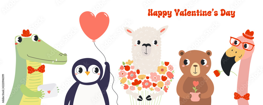 Fototapeta premium Cute animals Valentines day, with hearts, flowers illustration isolated. Friendly playful cartoon characters. Whimsical kid, nursery print design, clip art element. Hand drawn vector. Love, friendship