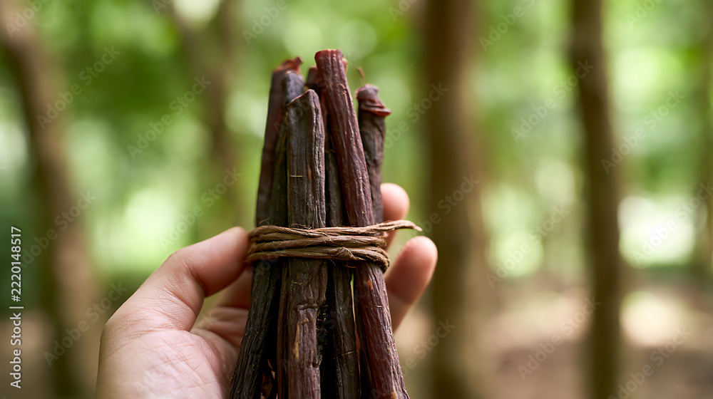 Naklejka premium A person hand hold bundle of dried beef stick snack or biltong jerky meat snack product outdoors in forest nature park with bokeh view
