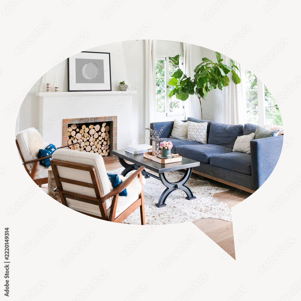 Naklejka premium Cozy living room speech bubble badge, interior photo