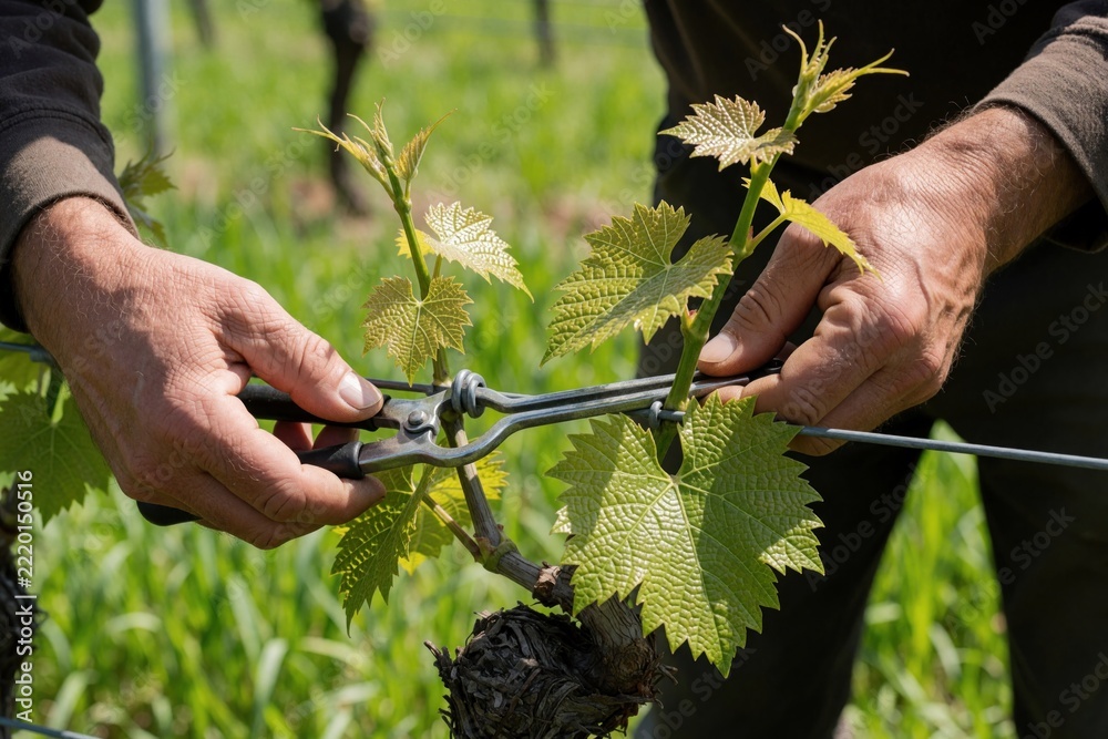 Naklejka premium Farmer hands use tape tool to tie young grape vines to metal wire in vineyard. Agricultural worker performs manual maintenance on plants during spring season. Professional viticulture worker supports