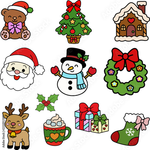 Cute Christmas Cartoon Clipart Set with Teddy Bear, Santa Claus and Holiday Decorations