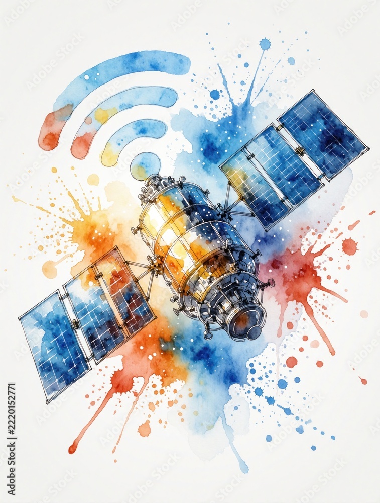 Fototapeta premium Watercolor clipart shows space satellite with solar panels, wifi signal waves. Digital communication concept connects remote areas via wireless network. Colorful paint splashes represent global