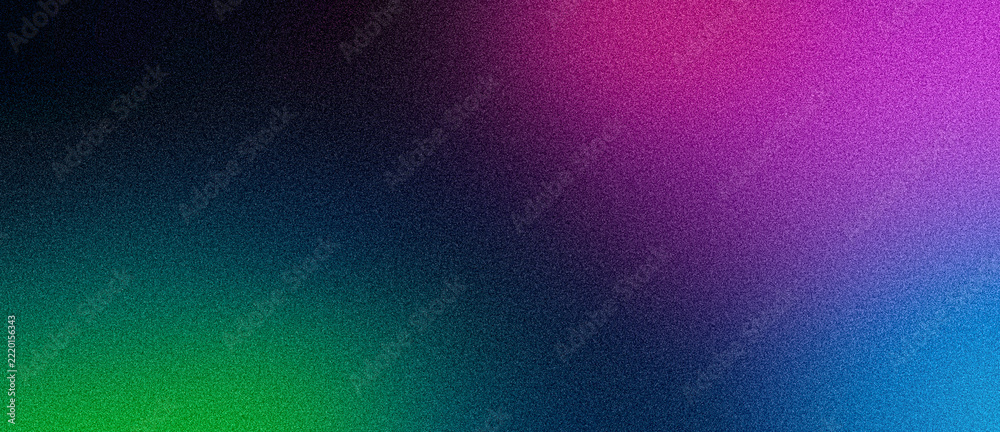 Fototapeta premium Wide banner grainy background, abstract grain texture vibrant gradient, purple green blue glowing color blurs on black backdrop, dark header, poster, flyer, cover or wallpaper design