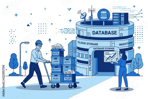 Blue database storage illustration with cloud pipeline