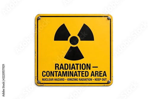 Radiation warning sign featuring a yellow square metal plaque with a black nuclear hazard symbol isolated on a white background.