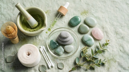 Spa composition with natural green stones, mortar with powder, cosmetic dropper, and fresh eucalyptus leaves.